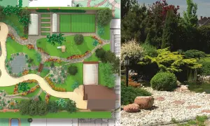 Wizualizacja projektu ogrodu z planami i gotowym, bujnym ogrodem z oczkiem wodnym.