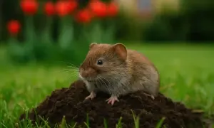 Mała, brązowa nornica siedzi na kopczyku ziemi w ogrodzie, na tle czerwonych tulipanów.