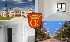 Kielce: pałac, wnętrza w remoncie, herb miasta i ulica z latarniami.