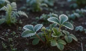 Młode rośliny truskawek pokryte szronem na ziemi.
