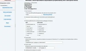 Formularz wniosku o skoordynowanie projektowanej sieci uzbrojenia terenu, z zaznaczoną elektroenergetyczną siecią i przyłączem.