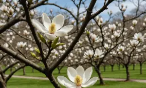 Zbliżenie na białe kwiaty magnolii na tle kwitnącego ogrodu.