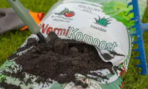 Łopata nabiera wermikompost z otwartej torby na trawie, obok niebieskich grabi.