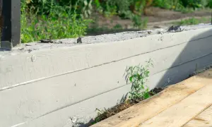 Betonowy fundament pod ogrodzenie z widocznymi deskami szalunkowymi i zielenią.