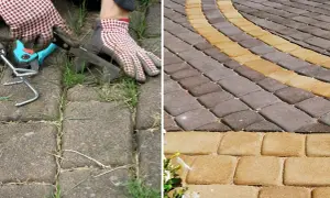 Dwa panele: lewy pokazuje ręczne usuwanie chwastów z kostki brukowej, prawy - czystą kostkę z kwiatami.