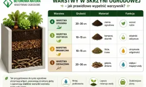 Warstwowa skrzynia z warzywami: na górze ziemia kompostowa, pod nią warstwa odżywcza, organiczna i drenażowa.