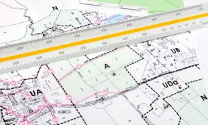 Plan zagospodarowania działki z naniesionymi granicami i podziałami, przykryty linijką geodezyjną.