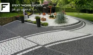 Nowoczesna ścieżka z kostki brukowej w odcieniach szarości i bieli, z elementami zieleni.