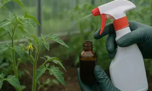 Rękawiczki chronią dłonie podczas przygotowywania oprysku z jodyny na pomidory. Atomizer rozpyla płyn na młodą roślinę.