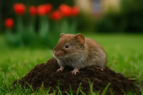 Mała, brązowa nornica siedzi na kopczyku ziemi w ogrodzie, na tle czerwonych tulipanów.