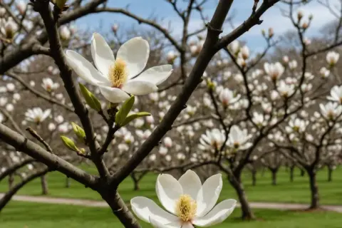 Zbliżenie na białe kwiaty magnolii na tle kwitnącego ogrodu.