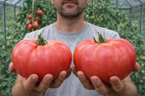 Mężczyzna trzyma dwa ogromne, różowe pomidory, które z pewnością należą do najsmaczniejszych odmian pomidorów. W tle widać szklarnię pełną pomidorów.