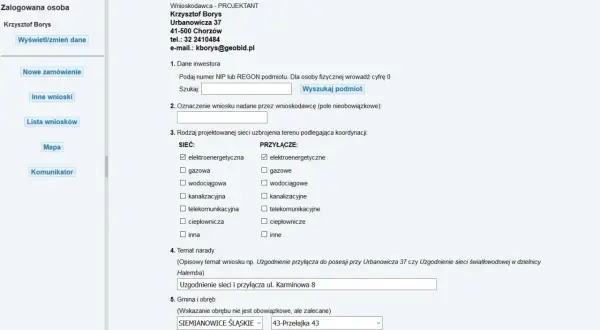 Formularz wniosku o skoordynowanie projektowanej sieci uzbrojenia terenu, z zaznaczoną elektroenergetyczną siecią i przyłączem.