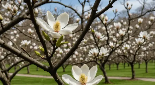 Zbliżenie na białe kwiaty magnolii na tle kwitnącego ogrodu.