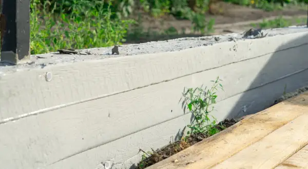 Betonowy fundament pod ogrodzenie z widocznymi deskami szalunkowymi i zielenią.