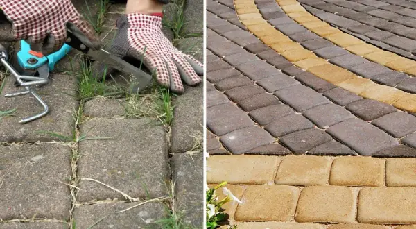 Dwa panele: lewy pokazuje ręczne usuwanie chwastów z kostki brukowej, prawy - czystą kostkę z kwiatami.