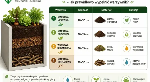 Warstwowa skrzynia z warzywami: na górze ziemia kompostowa, pod nią warstwa odżywcza, organiczna i drenażowa.