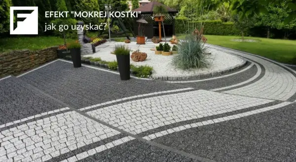 Nowoczesna ścieżka z kostki brukowej w odcieniach szarości i bieli, z elementami zieleni.