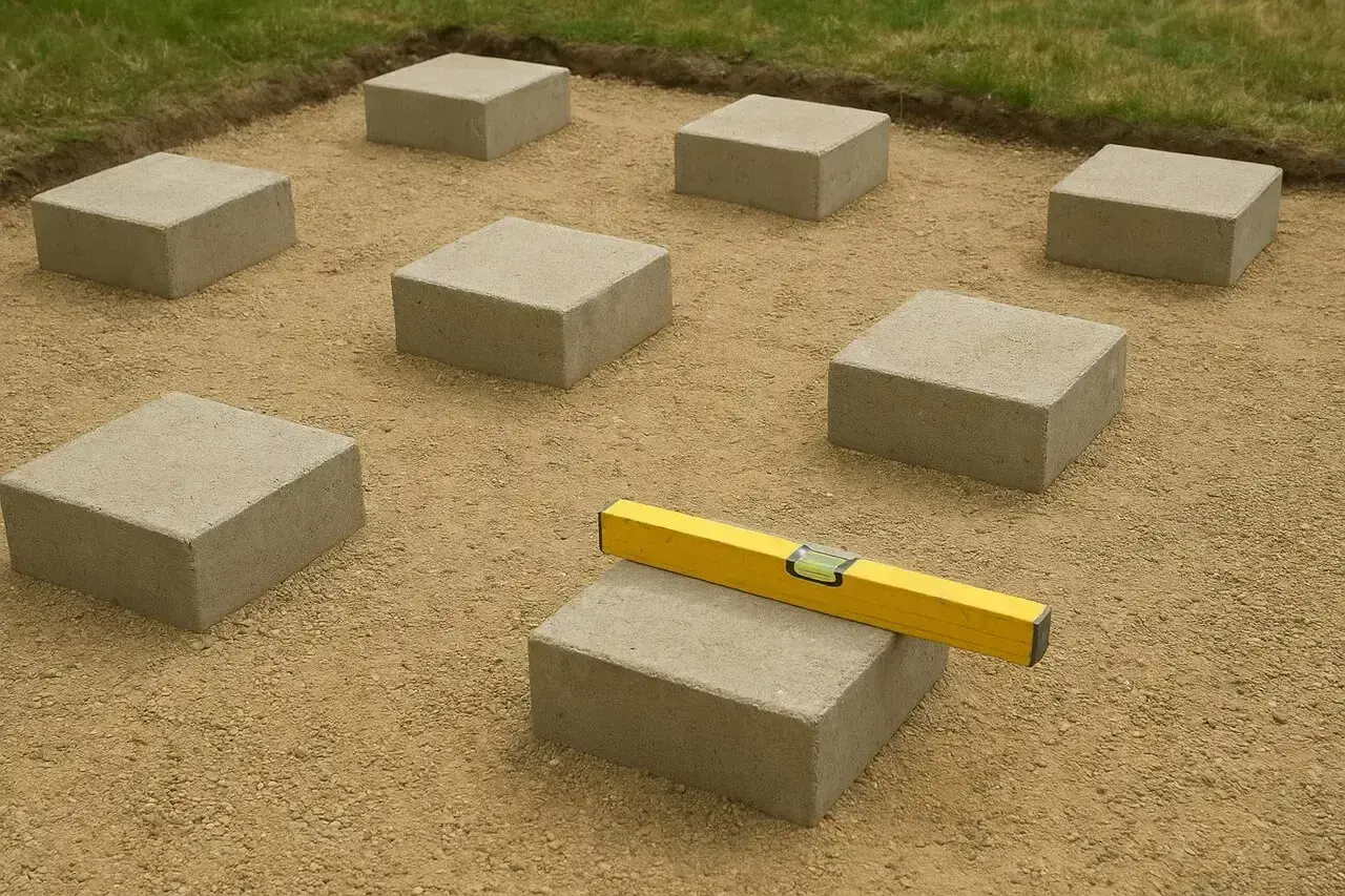 Betonowe bloczki ułożone na piasku, z poziomicą na jednym z nich.