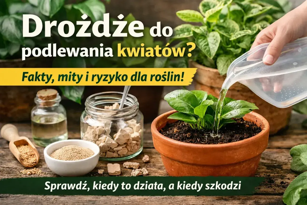 Ręka podlewa roślinę w doniczce wodą. Obok słoik z drożdżami, buteleczka i miarka z proszkiem.