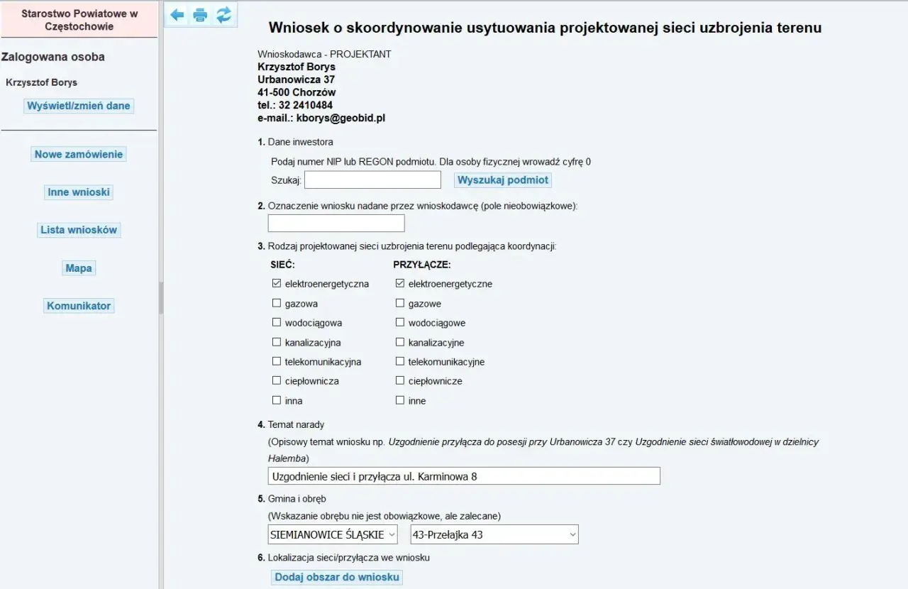 Formularz wniosku o skoordynowanie projektowanej sieci uzbrojenia terenu, z zaznaczoną elektroenergetyczną siecią i przyłączem.