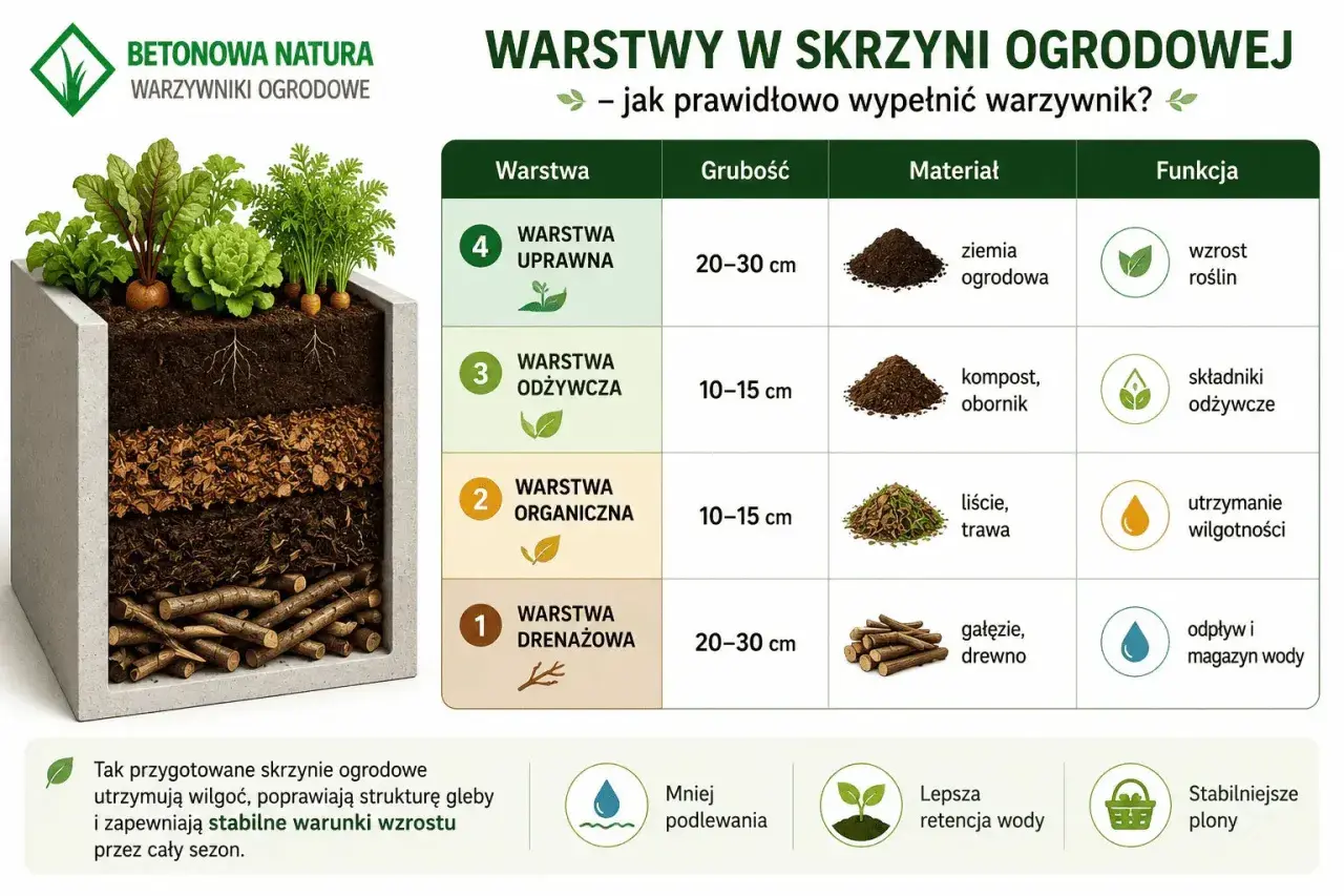Warstwowa skrzynia z warzywami: na górze ziemia kompostowa, pod nią warstwa odżywcza, organiczna i drenażowa.
