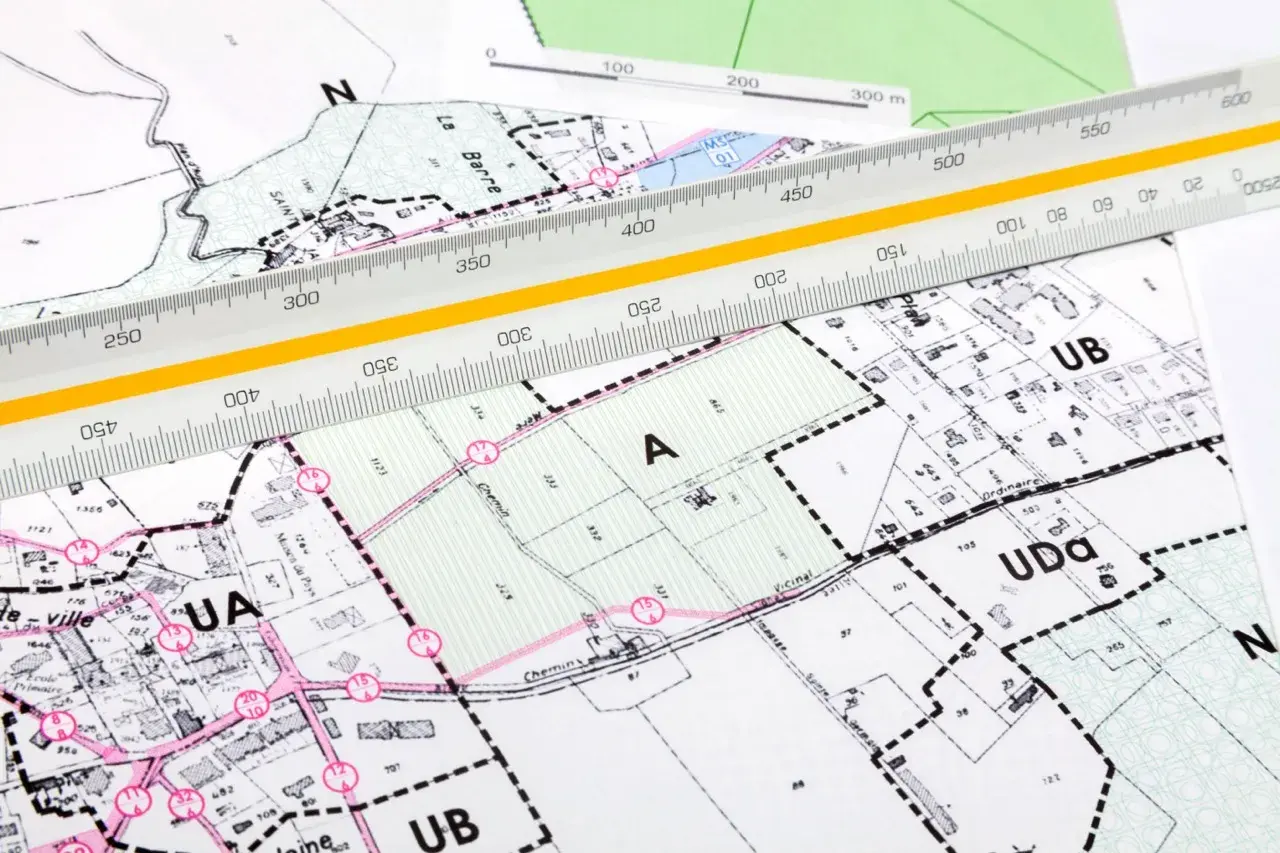 Plan zagospodarowania działki z naniesionymi granicami i podziałami, przykryty linijką geodezyjną.