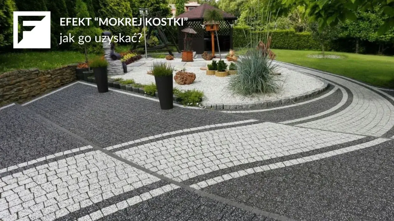 Nowoczesna ścieżka z kostki brukowej w odcieniach szarości i bieli, z elementami zieleni.
