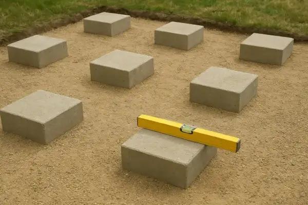 Betonowe bloczki ułożone na piasku, z poziomicą na jednym z nich.