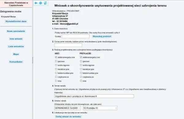Formularz wniosku o skoordynowanie projektowanej sieci uzbrojenia terenu, z zaznaczoną elektroenergetyczną siecią i przyłączem.