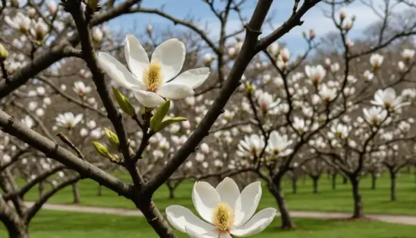 Zbliżenie na białe kwiaty magnolii na tle kwitnącego ogrodu.
