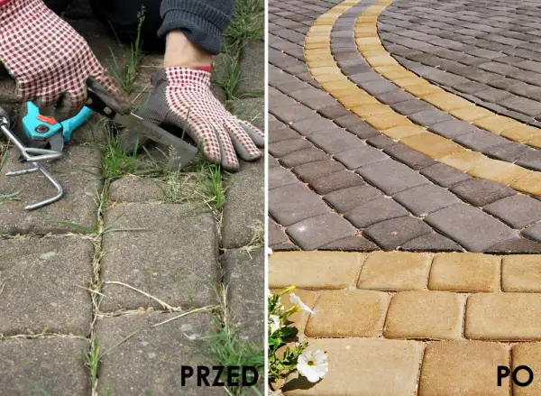 Dwa panele: lewy pokazuje ręczne usuwanie chwastów z kostki brukowej, prawy - czystą kostkę z kwiatami.