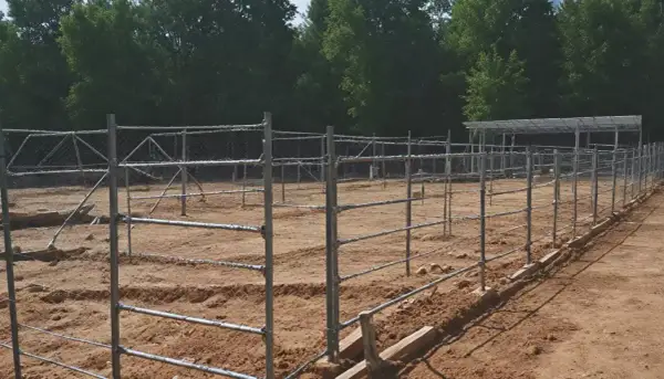Budowa ogrodzenia z siatki i metalowych słupków na piaszczystym terenie, w tle drzewa.