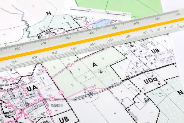 Plan zagospodarowania działki z naniesionymi granicami i podziałami, przykryty linijką geodezyjną.