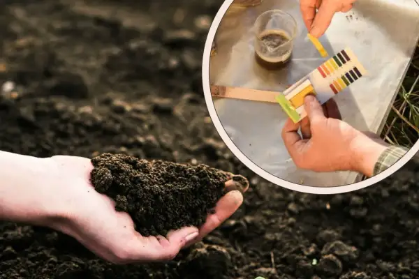 Dłoń trzymająca ziemię, obok test pH gleby.